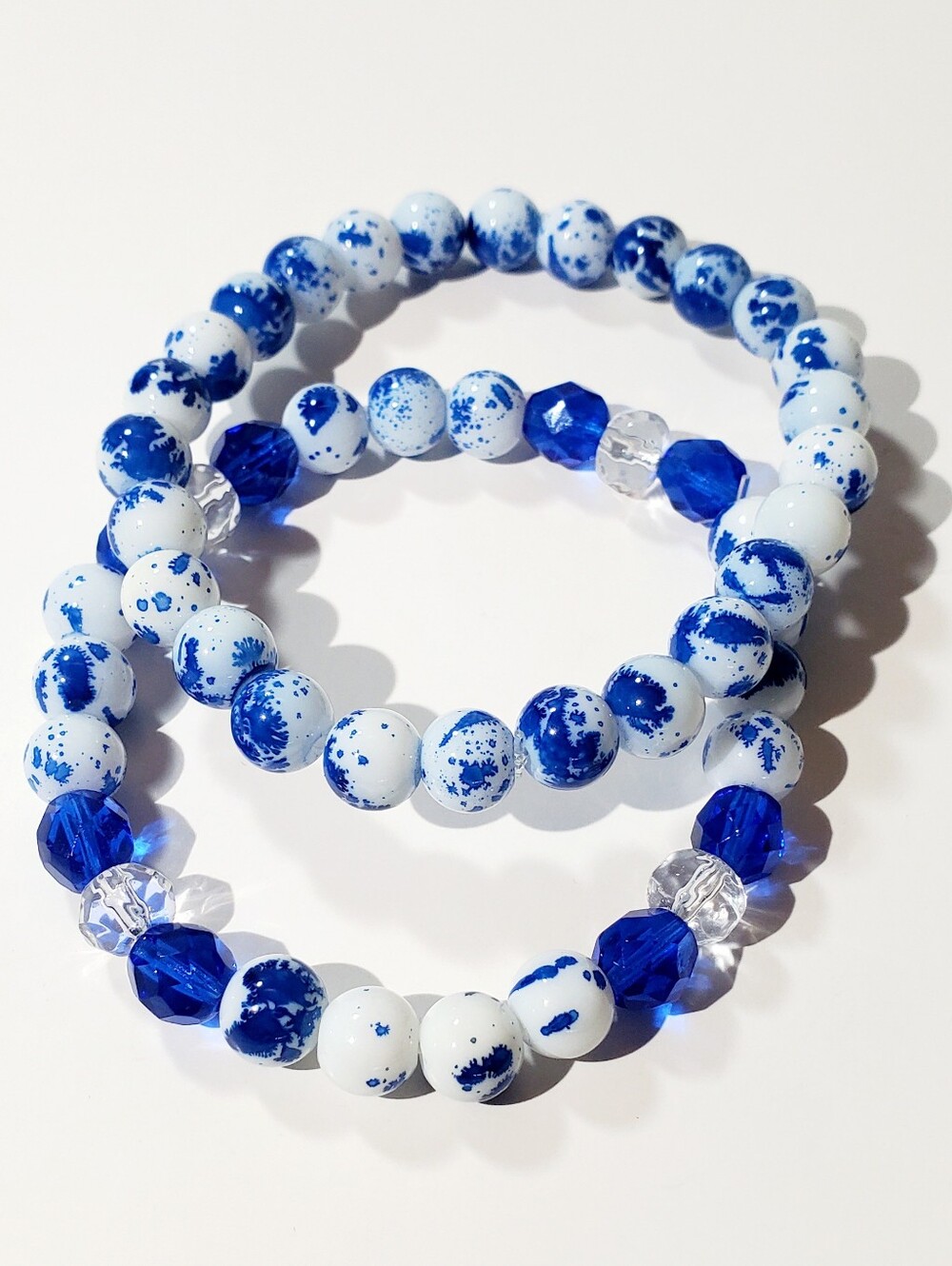 Blue and White Speckled Glass Bead Stretch Bracelets - Set of 2